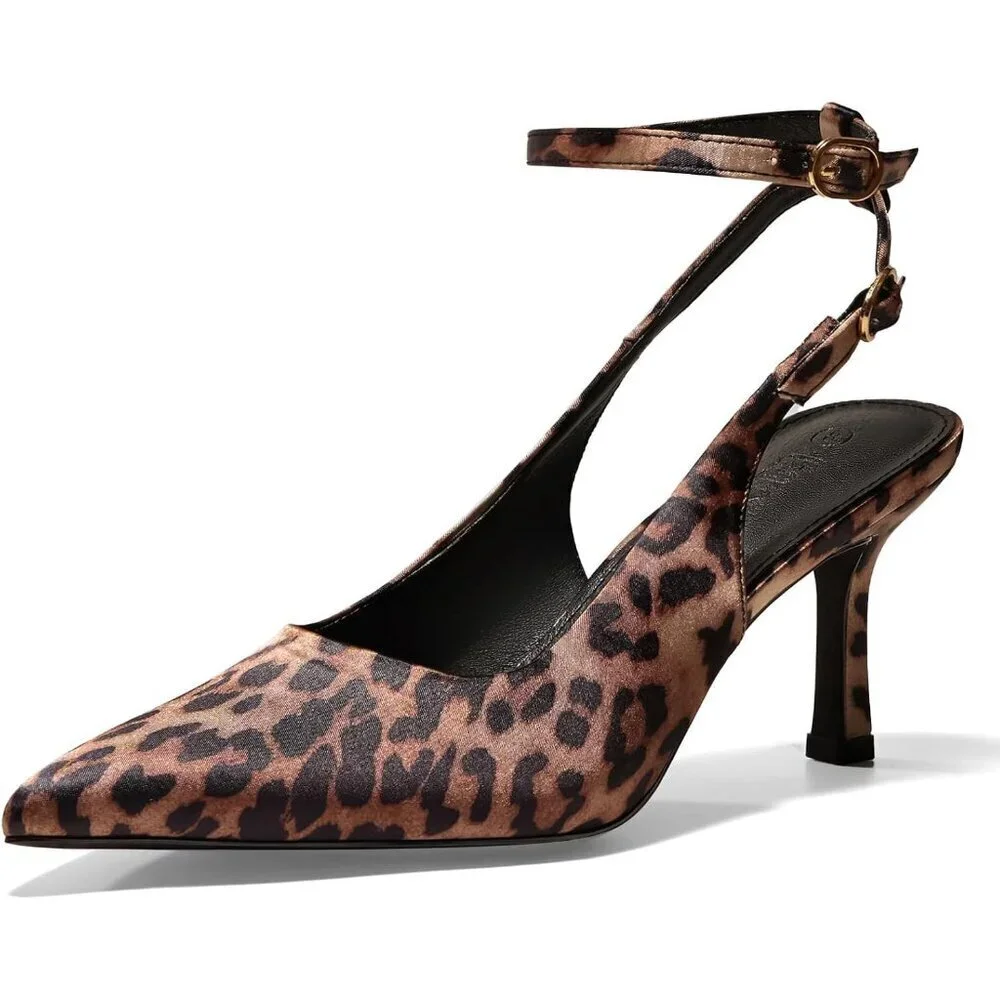 Women's Leopard Pointed Toe High Heels Slingback Stiletto Ankle Strap Pumps